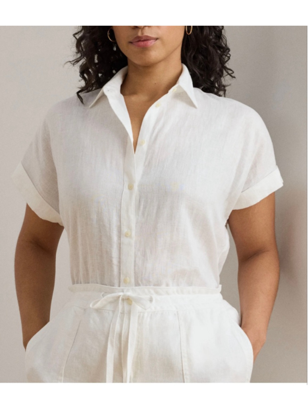 Women's 120% Lino White Linen Short Sleeve Button Down Shirt S